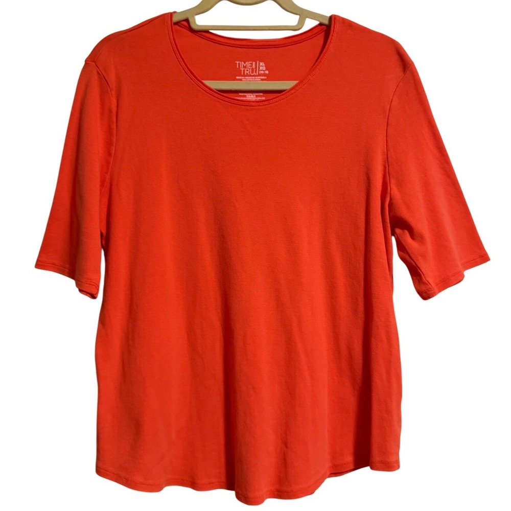 Time and Tru Womens XL Coral Zest Cotton Scoop Neck Elbow Sleeve Top